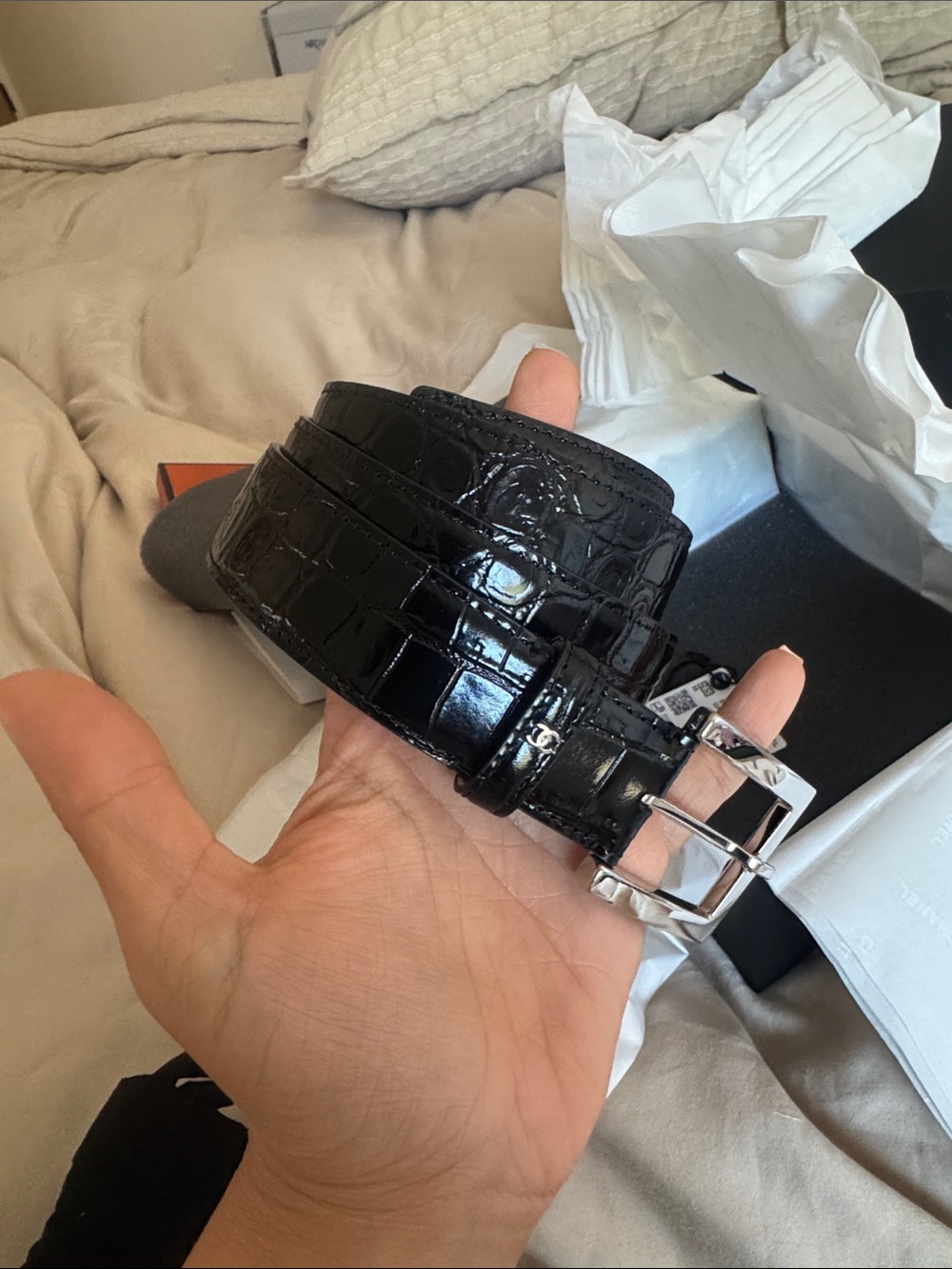 CHANEL Black croc embossed leather belt NWT!